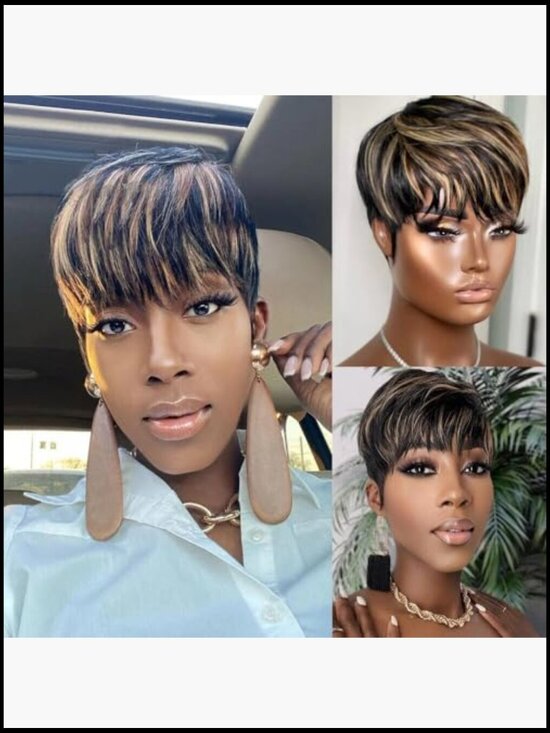 Short Bob Wig Human Hair Ombre Pixie Cut with Bangs Machine Made 130% Density main image 4